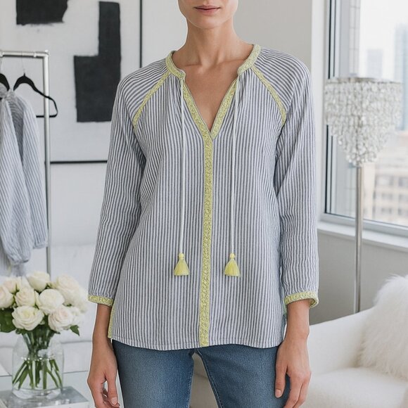 Spartina 449 Striped V-Neck Linen Tassel Blouse With Yellow Accents Size Medium - Picture 1 of 12